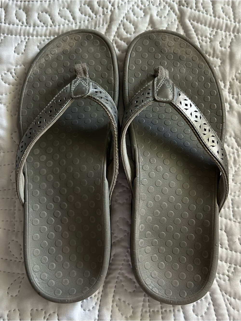 Vionic Gray Laser-Cut Thong Sandals